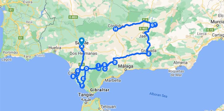Spain map with a 10-day itinerary of Andalusia