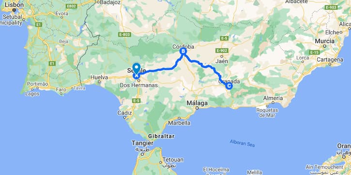 Map with a 4-day Andalusia travel itinerary