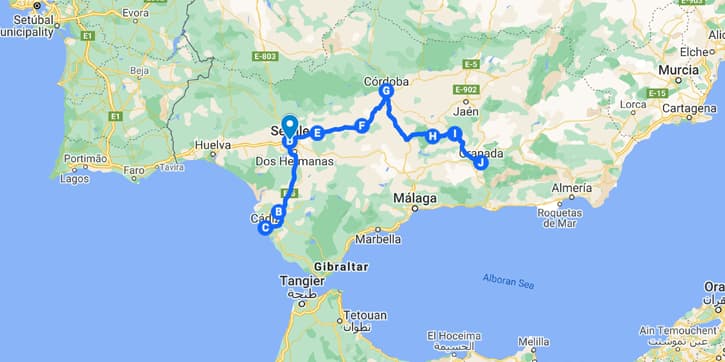 Andalusia map with a 6-day travel itinerary