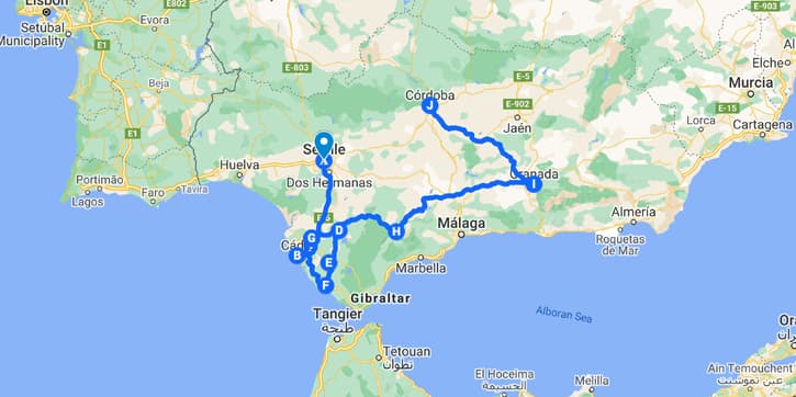 Spain map with a 7-day travel itinerary of Andalusia