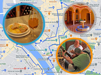 A map of Seville with a walking tour itinerary