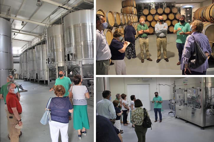 a group of people visiting the premises of Bodega Miguel Domecq