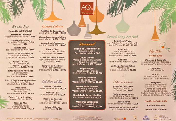 The menu of Jerez restaurant AQ