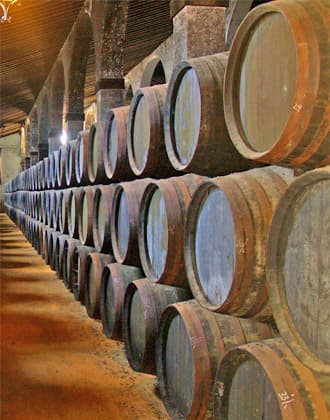 Sherry casks in a sherry bodega in Jerez, Spain