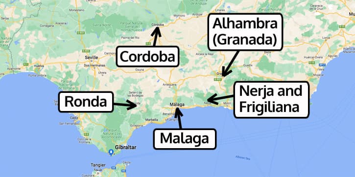 A map of Southern Spain showing possible Malaga shore excursions