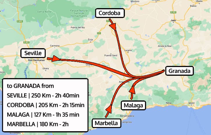 A map of a day trip to Granada illustrating the distances from Seville, Cordoba, Malaga and Marbella